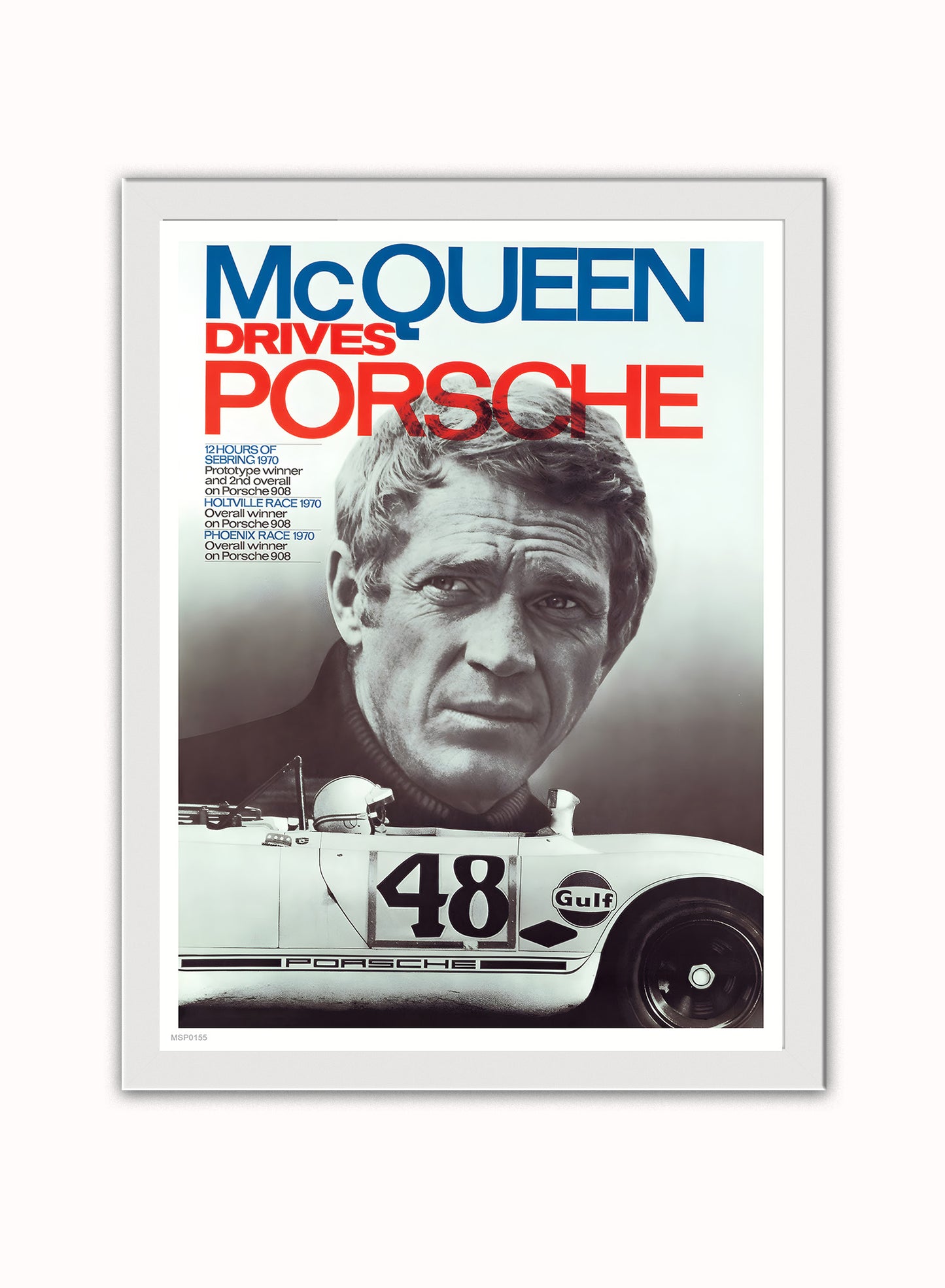 Steve McQueen Drives Porsche Vintage Art Wall Art Print 30x40cm White Frame