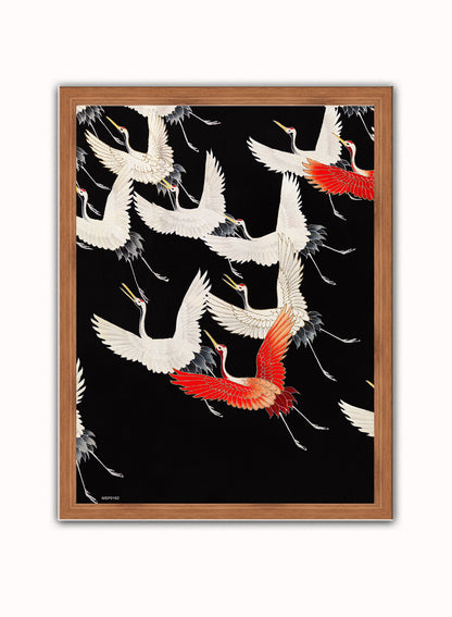 Japanese Crane Kimono Pattern Japanese Wall Art Print 30x40cm Dark Wood