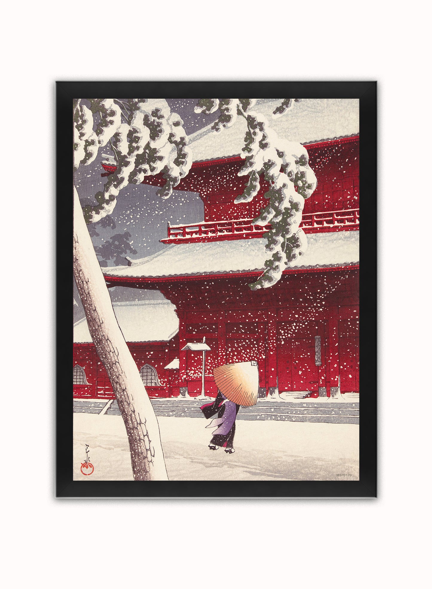 Japenese Art Print by Hasui Kawase Zojoji Temple in Snow Vintage Poster Wall Art 30x40cm Black Frame
