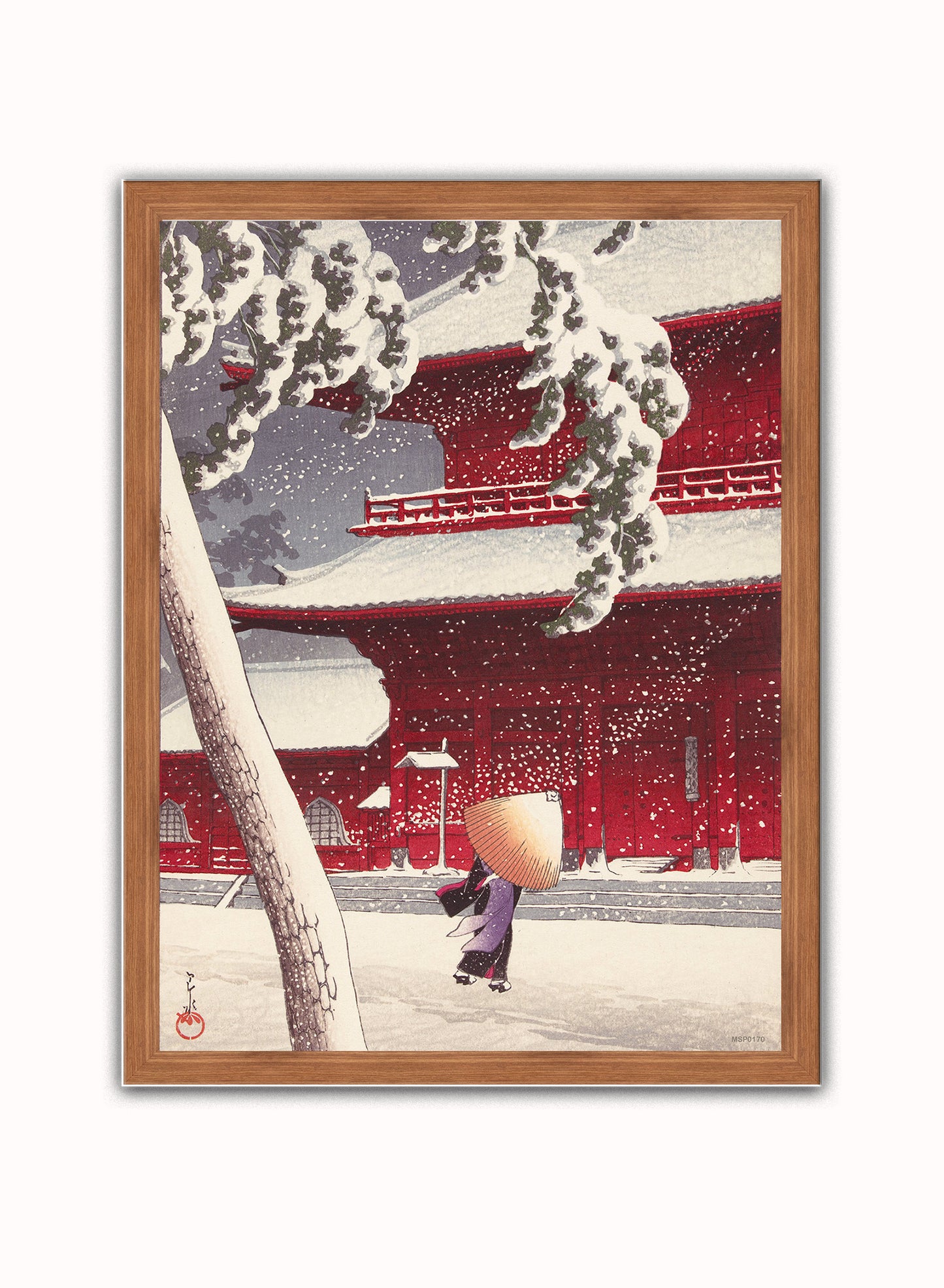 Japenese Art Print by Hasui Kawase Zojoji Temple in Snow Vintage Poster Wall Art 30x40cm Dark Wood