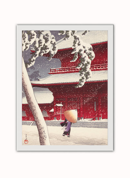 Japenese Art Print by Hasui Kawase Zojoji Temple in Snow Vintage Poster Wall Art 30x40cm White Frame