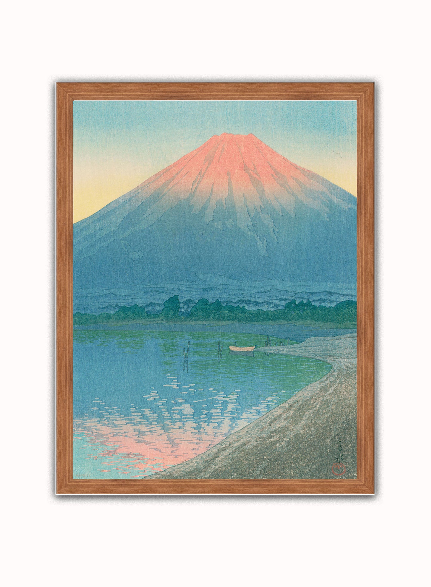 Japenese Art Print by Hasui Kawase "Daybreak over Lake Yamanaka" Vintage Poster Wall Art 30x40cm Dark Wood