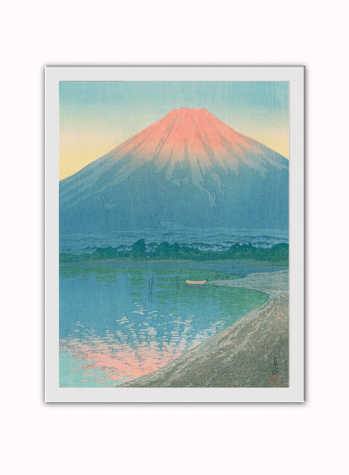 Japenese Art Print by Hasui Kawase "Daybreak over Lake Yamanaka" Vintage Poster Wall Art 30x40cm White Frame