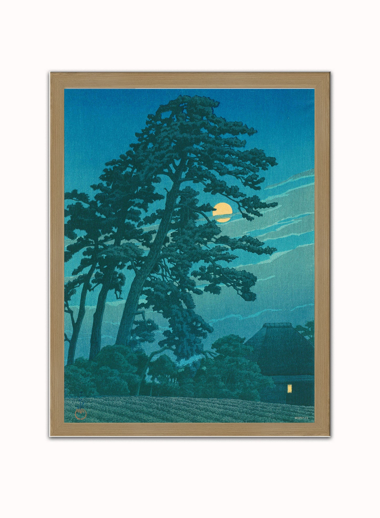 Japenese Art Print by Hasui Kawase  "Moon at Magome" Vintage Poster Wall Art 30x40cm Light Wood