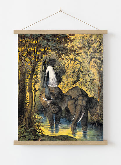 Two elephants bathing in a stream by Adam White 30x40cm Art Poster Print Hanger