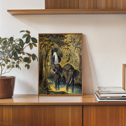 Two elephants bathing in a stream by Adam White 30x40cm Art Poster Print