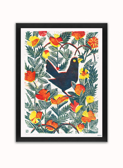 The Bird" or "Bird in Orange," folk art. Art Print Vintage Art Wall Art Print 30x40cm Black Frame