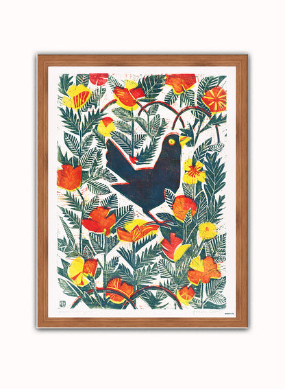 The Bird" or "Bird in Orange," folk art. Art Print Vintage Art Wall Art Print 30x40cm Dark Wood