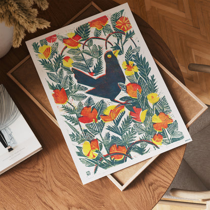 The Bird" or "Bird in Orange," folk art. Art Print Vintage Art Wall Art Print 30x40cm