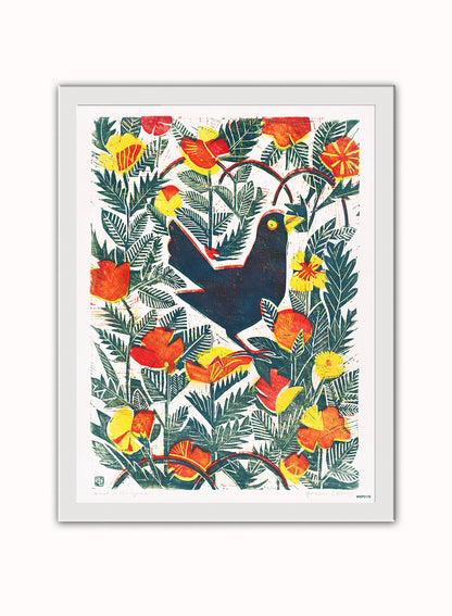 The Bird" or "Bird in Orange," folk art. Art Print Vintage Art Wall Art Print 30x40cm White Frame
