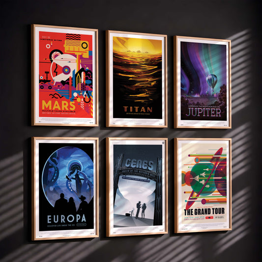 NASA Tourist Prints Bundle – 6 Framed Retro Space Posters | 30x40cm