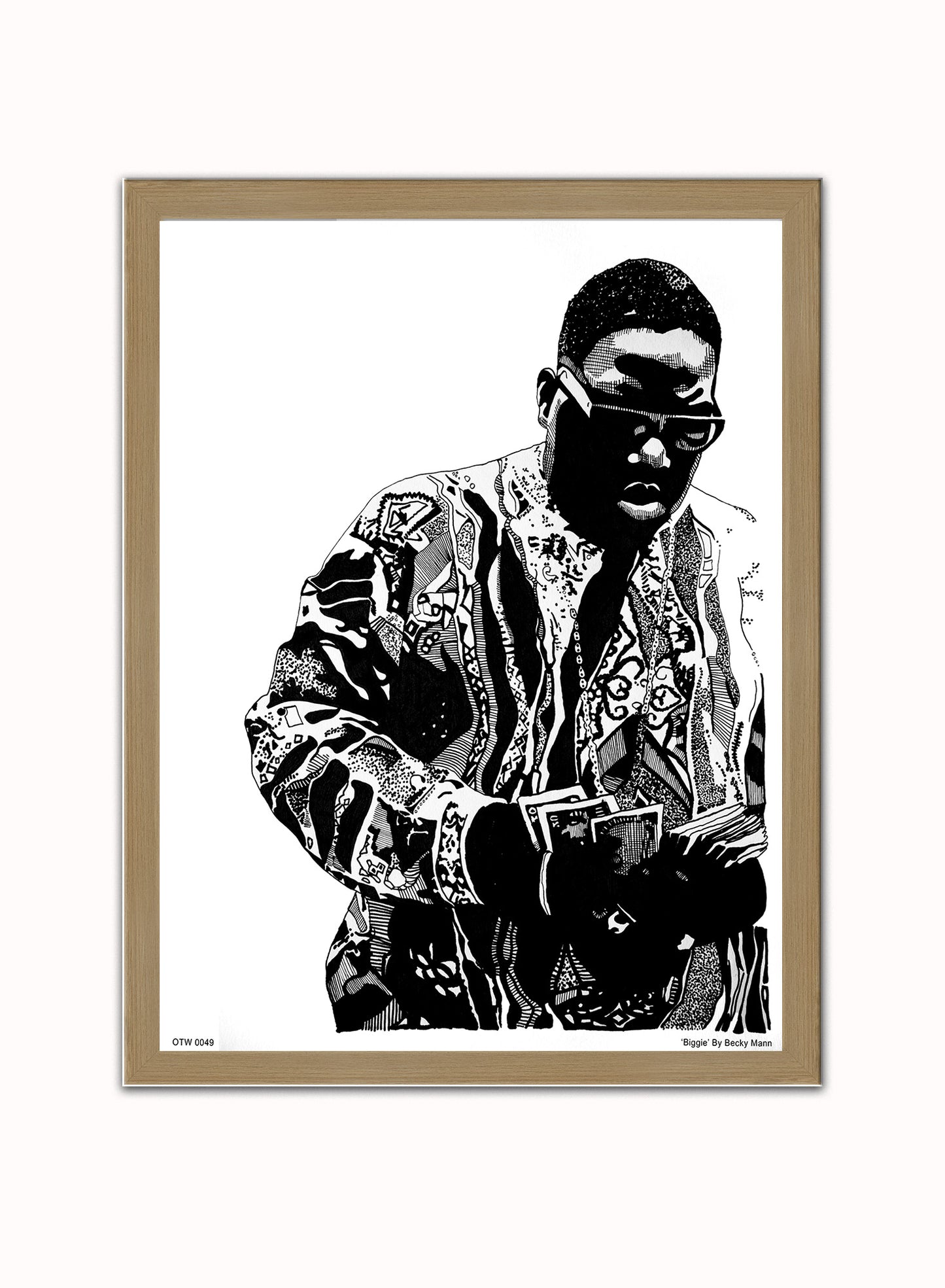 The Notorious B.I.G. Portrait Art Print Poster by Becky Mann Print – Becky Mann Vintage Poster Wall Art 30x40cm Light Wood