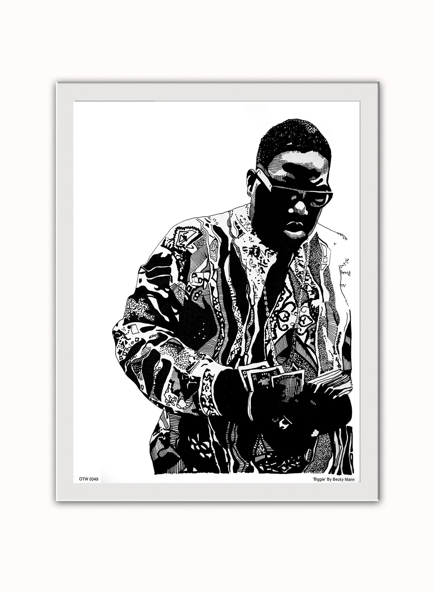 The Notorious B.I.G. Portrait Art Print Poster by Becky Mann Print – Becky Mann Vintage Poster Wall Art 30x40cm White Frame