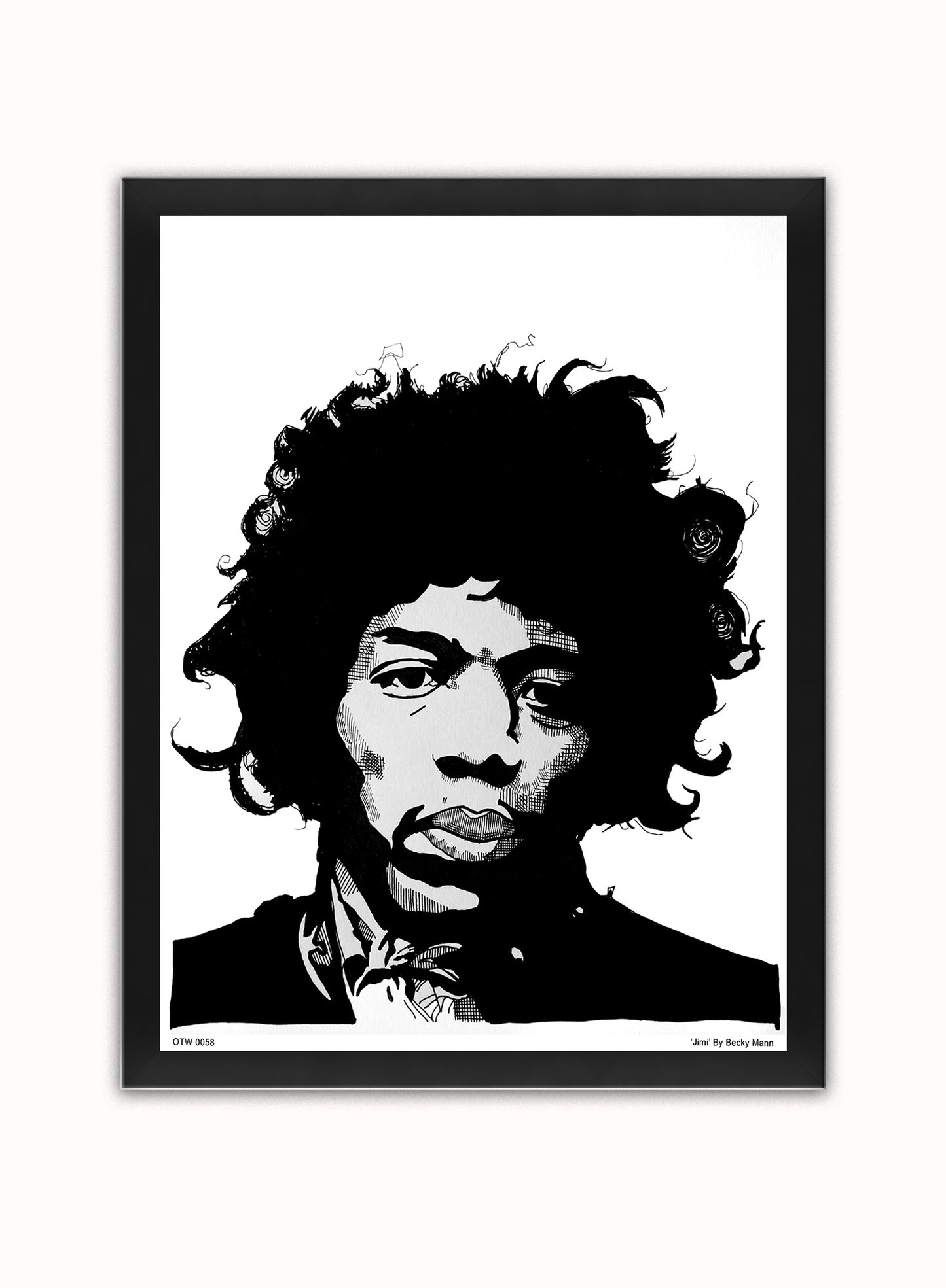 Jimi Hendrix Portrait Art Print Poster by Becky Mann Print – Becky Mann Vintage Poster Wall Art 30x40cm Black Frame
