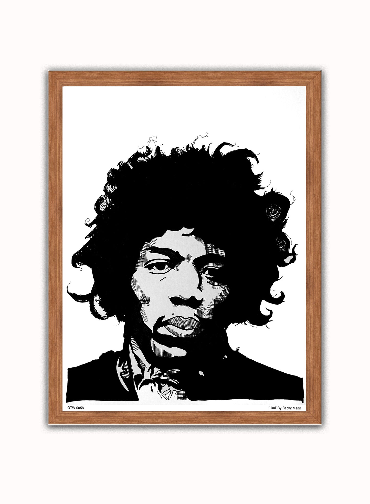 Jimi Hendrix Portrait Art Print Poster by Becky Mann Print – Becky Mann Vintage Poster Wall Art 30x40cm Dark Wood