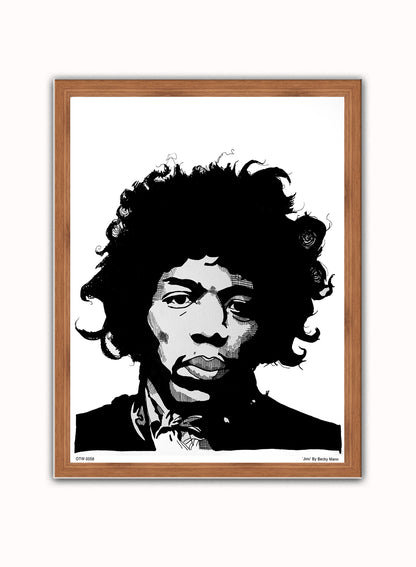Jimi Hendrix Portrait Art Print Poster by Becky Mann Print – Becky Mann Vintage Poster Wall Art 30x40cm Dark Wood