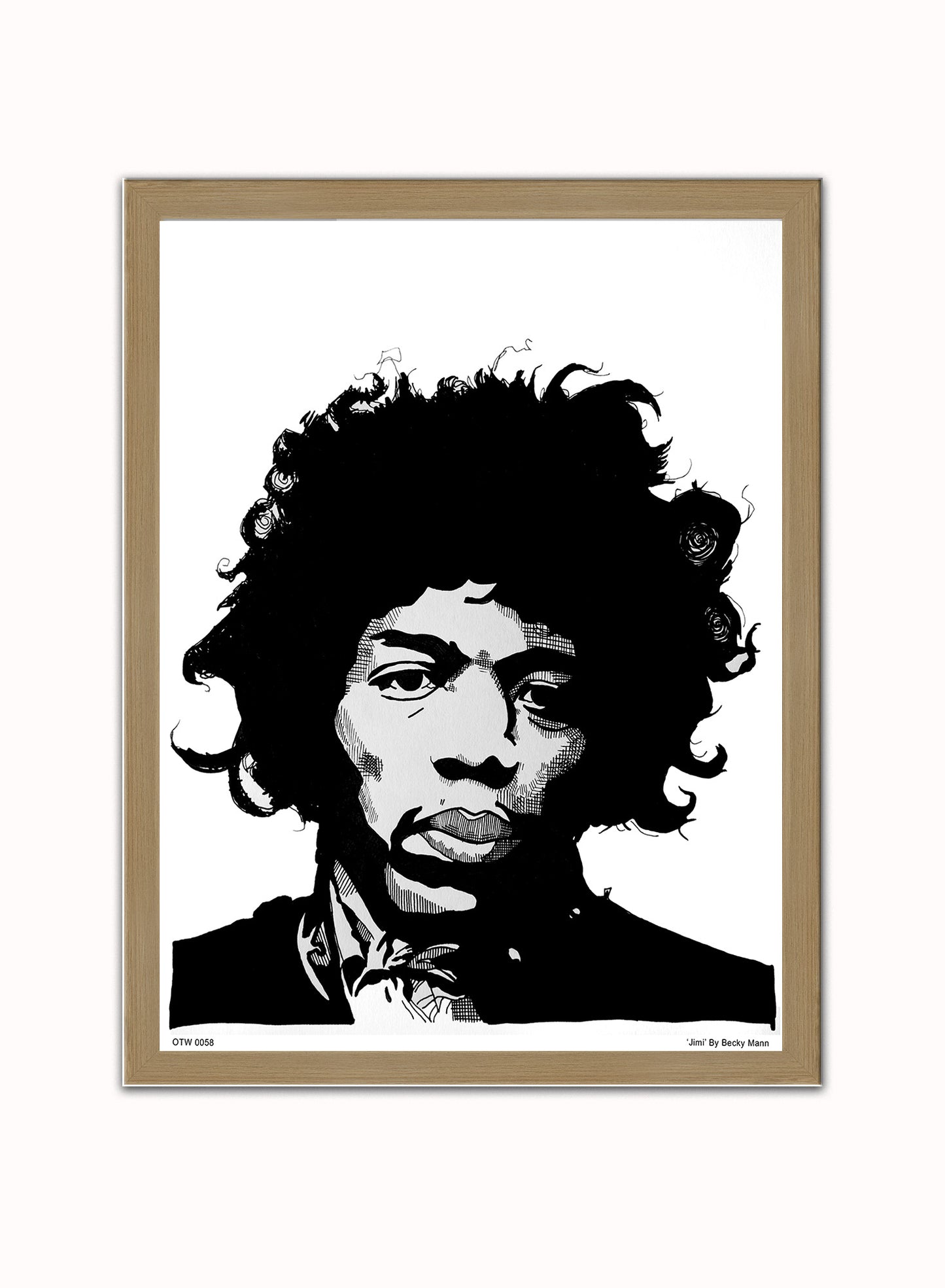 Jimi Hendrix Portrait Art Print Poster by Becky Mann Print – Becky Mann Vintage Poster Wall Art 30x40cm Light Wood