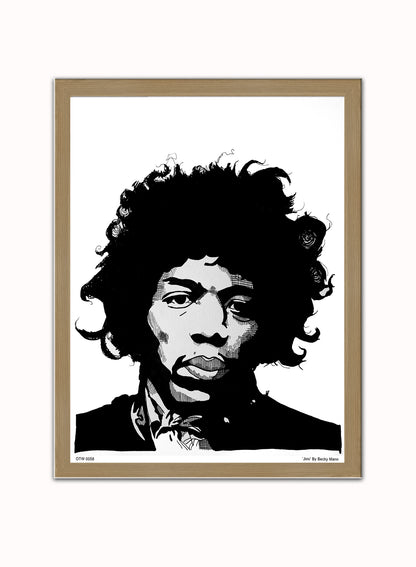 Jimi Hendrix Portrait Art Print Poster by Becky Mann Print – Becky Mann Vintage Poster Wall Art 30x40cm Light Wood