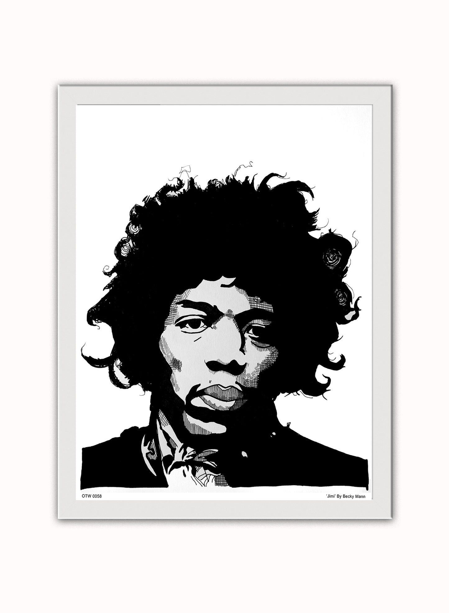 Jimi Hendrix Portrait Art Print Poster by Becky Mann Print – Becky Mann Vintage Poster Wall Art 30x40cm White Frame