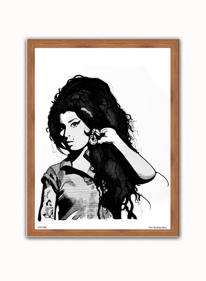 Amy Winehouse Portrait Art Print Poster by Becky Mann Print – Becky Mann Vintage Poster Wall Art 30x40cm Dark Wood