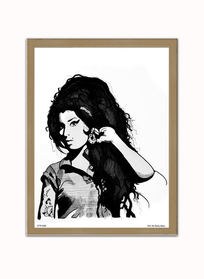 Amy Winehouse Portrait Art Print Poster by Becky Mann Print – Becky Mann Vintage Poster Wall Art 30x40cm Light Wood
