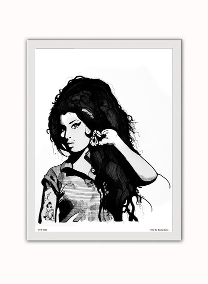 Amy Winehouse Portrait Art Print Poster by Becky Mann Print – Becky Mann Vintage Poster Wall Art 30x40cm White Frame