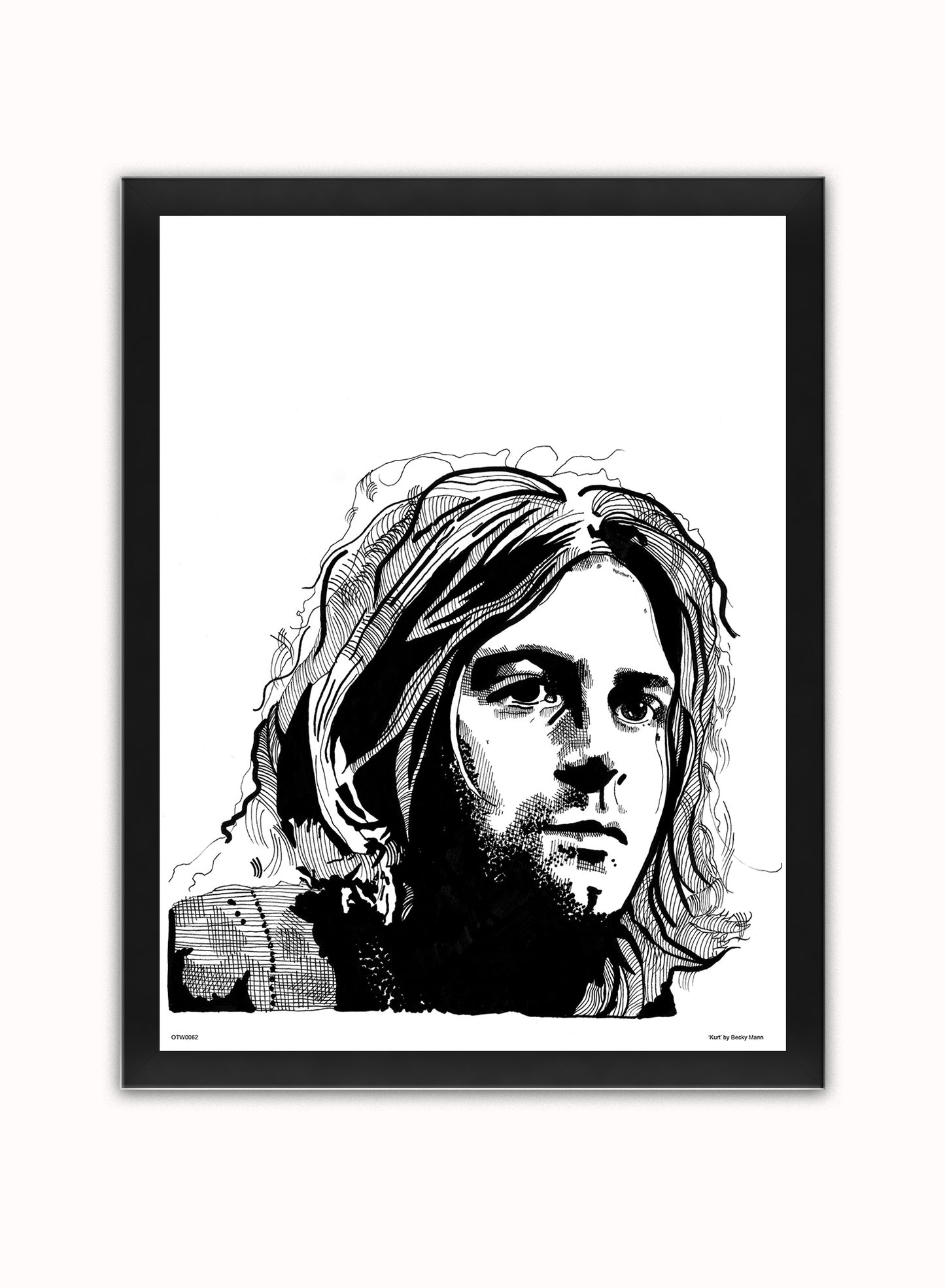Kurt Cobain from Nirvana Portrait Art Print Poster by Becky Mann Print – Becky Mann Vintage Poster Wall Art 30x40cm Black Frame