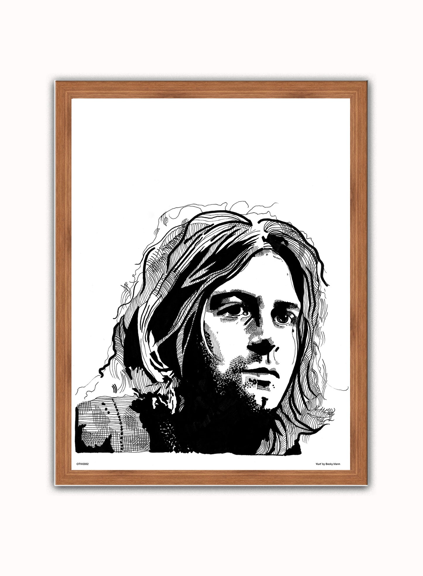Kurt Cobain from Nirvana Portrait Art Print Poster by Becky Mann Print – Becky Mann Vintage Poster Wall Art 30x40cm Dark Wood