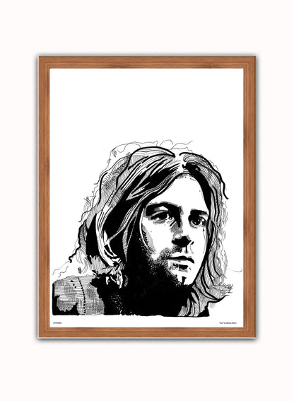 Kurt Cobain from Nirvana Portrait Art Print Poster by Becky Mann Print – Becky Mann Vintage Poster Wall Art 30x40cm Dark Wood