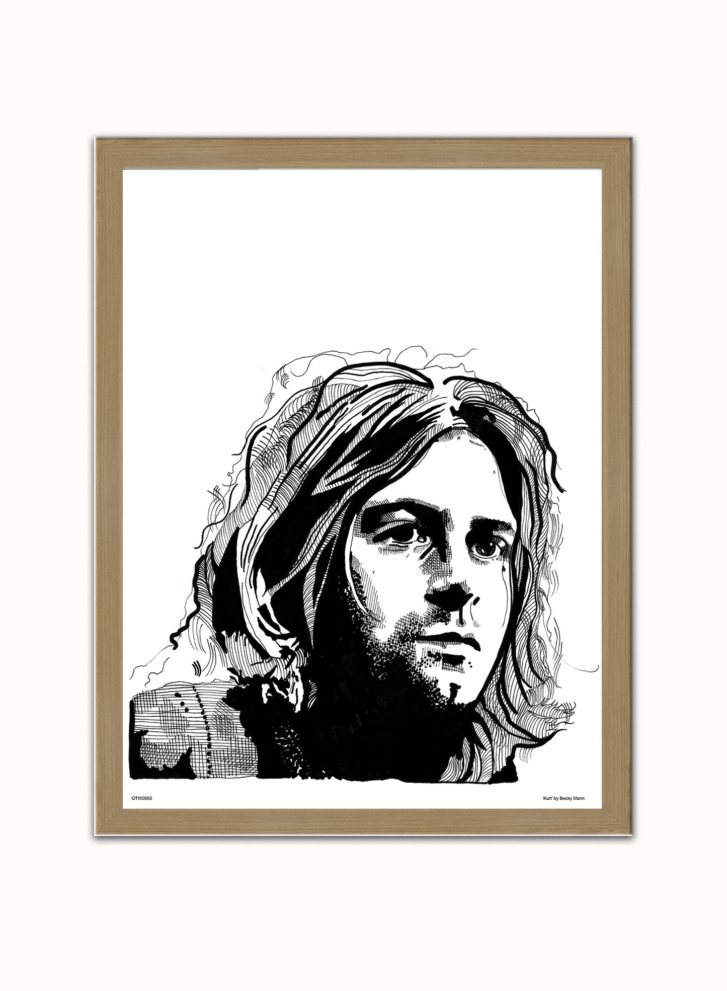 Kurt Cobain from Nirvana Portrait Art Print Poster by Becky Mann Print – Becky Mann Vintage Poster Wall Art 30x40cm Light Wood