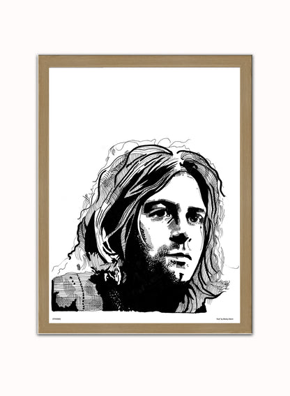 Kurt Cobain from Nirvana Portrait Art Print Poster by Becky Mann Print – Becky Mann Vintage Poster Wall Art 30x40cm Light Wood