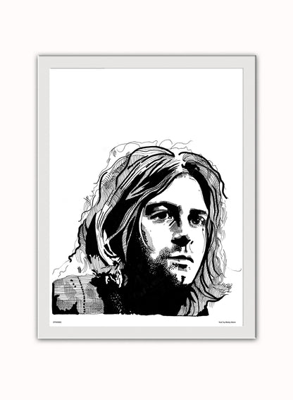 Kurt Cobain from Nirvana Portrait Art Print Poster by Becky Mann Print – Becky Mann Vintage Poster Wall Art 30x40cm White Frame