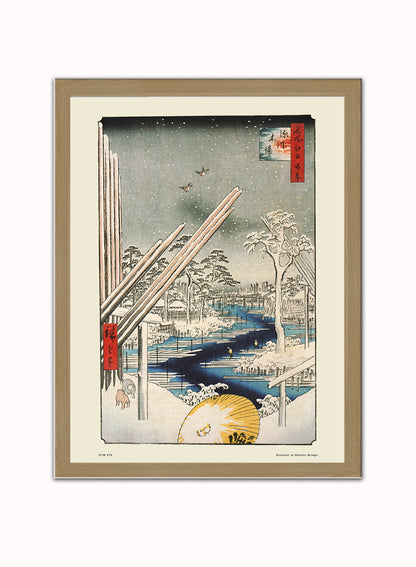 Hiroshige Japanese Snowfall at Washiri Bridge Poster Art Print Japanese Wall Art Print 30x40cm Light Wood