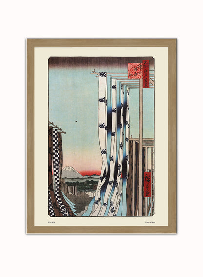 Hiroshige Japanese Flags at Edo Poster Art Print Japanese Wall Art Print 30x40cm Light Wood