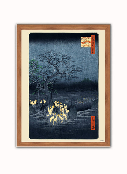 Hiroshige Japanese Poster Art Print foxfire on new year's night under the enoki tree near Oji Poster Art Print Japanese Wall Art Print 30x40cm Dark Wood