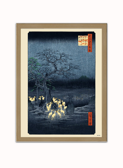 Hiroshige Japanese Poster Art Print foxfire on new year's night under the enoki tree near Oji Poster Art Print Japanese Wall Art Print 30x40cm Light Wood