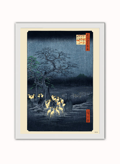 Hiroshige Japanese Poster Art Print foxfire on new year's night under the enoki tree near Oji Poster Art Print Japanese Wall Art Print 30x40cm White Frame