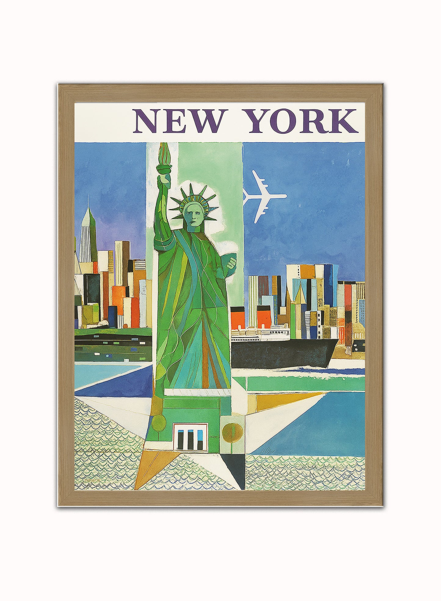 New York,Vinatge Travel Poster by Weimer Pursell Print – Weimer Pursell Vintage Poster Wall Art 30x40cm Light Wood