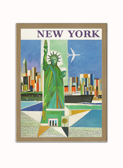 New York,Vinatge Travel Poster by Weimer Pursell Print – Weimer Pursell Vintage Poster Wall Art 30x40cm Light Wood