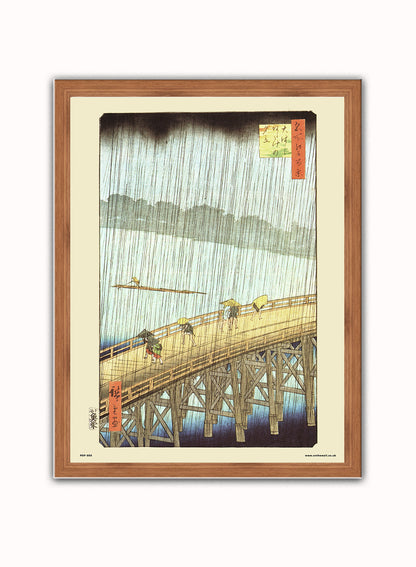 Hiroshige Japanese Sudden Shower over Shin - Ohashi Bridge and atake Poster Art Print Japanese Wall Art Print 30x40cm Dark Wood