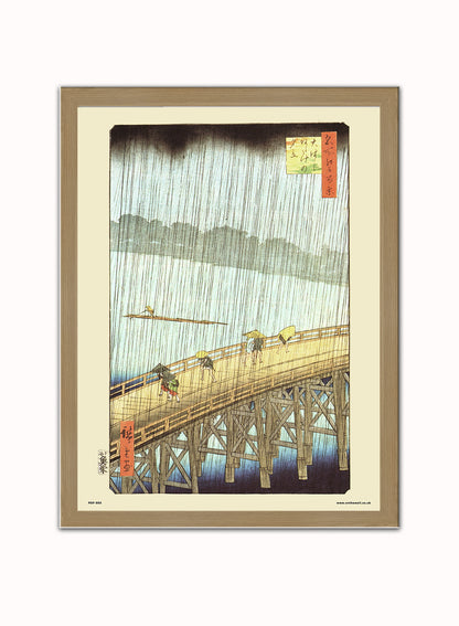 Hiroshige Japanese Sudden Shower over Shin - Ohashi Bridge and atake Poster Art Print Japanese Wall Art Print 30x40cm Light Wood
